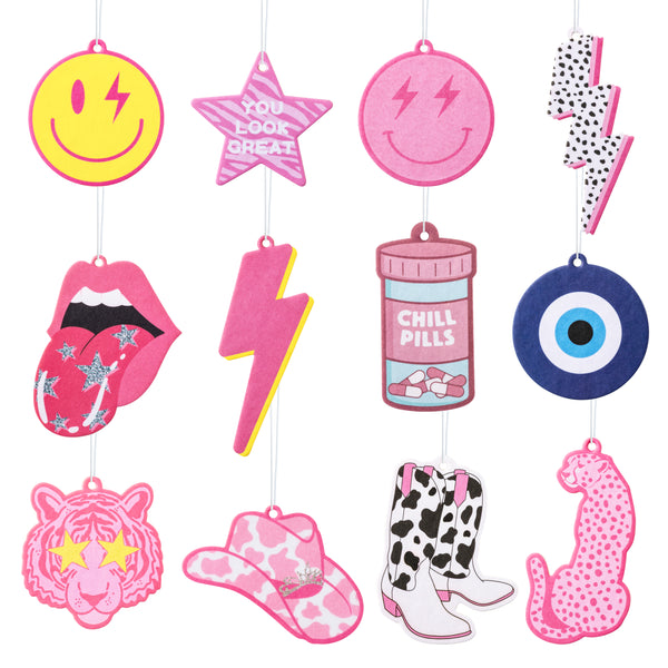 Laffact 12Pcs Preppy Boho Car Air Freshener Lightning Bolt Smile Cow Boots Balloon Dog Lip Incense Chip Hanging Slice Essential Oil Pendant Diffuser Scented Decor for Car Interior Accessories Home