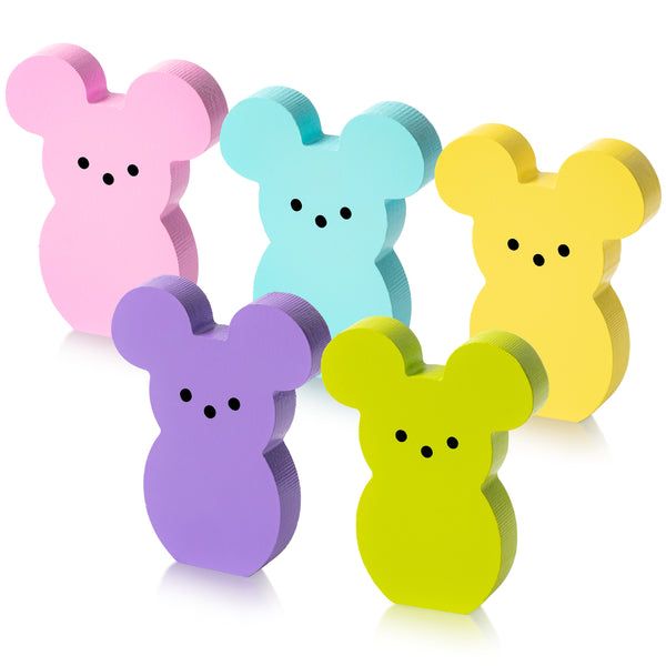 Laffact 5Pcs Easter Peeps Cartoon Mouse Shaped Tiered Tray Sign Colorful Easter Candy Bunny Wooden Table Centerpieces Farmhouse Spring Rabbit Freestanding Table Decor for Party Home Room Photo Booth