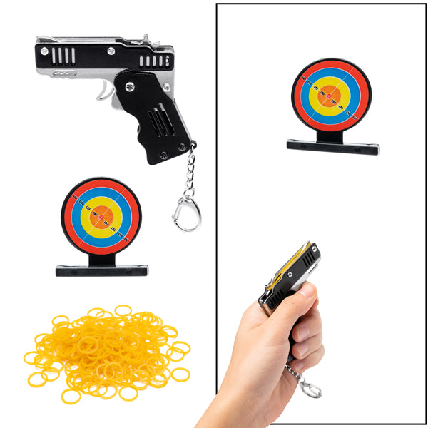 Icasy Mini Folding Rubber Band Toy Keychain - Metal Rubber Launcher Toy with Target Mark and 200pcs Yellow Rubber Bands(Black), Fun Target Shooting Training Game for Indoor/Outdoor Activities