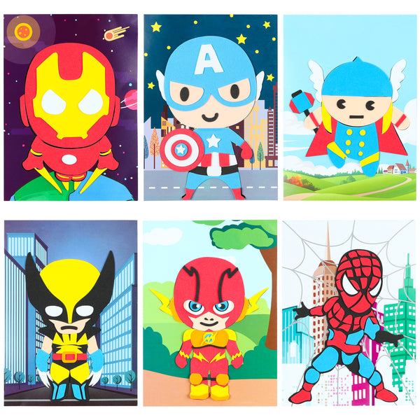 Icasy 10Pcs Superhero Mosaic Sticker Art Kits for Kids, Superhero Drawing Felt Mosaic Sticker Craft Activity, Superhero Themed DIY Sticky 3D Handmade Foam Art Puzzles, Birthday Gift for Toddlers