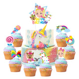 Icasy 49 Pcs Jojo Cupcake Toppers Cake Toppers HAPPY BIRTHDAY Big Toppers Microphone Lollipop Donut Rainbow Bow Unicorn Puppy Jojo Cupcake Toppers Double-Sided Jojo Birthday Cake Decor for Girls