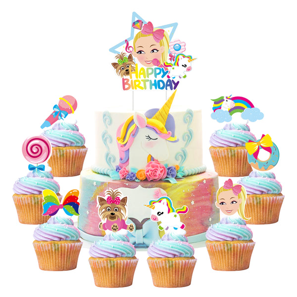 Icasy 49 Pcs Jojo Cupcake Toppers Cake Toppers HAPPY BIRTHDAY Big Toppers Microphone Lollipop Donut Rainbow Bow Unicorn Puppy Jojo Cupcake Toppers Double-Sided Jojo Birthday Cake Decor for Girls