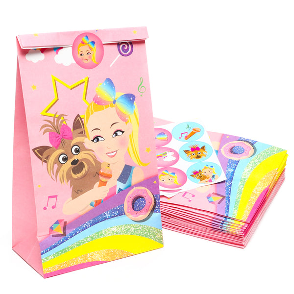 Laffact 24 Packs JoJo Goodies Candy Treat Bags with Stickers, Recyclable Paper Party Favor Gifts Bags, JoJo Themed Party Decorations Supplies for Kids Girls Birthday Baby Shower