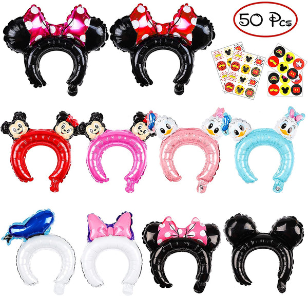 Icasy 50 Pcs Mickey Minnie Inflatable Headbands Cute Cartoon Balloon Hair Band Birthday Party Supplies Party Favors Party Hats for Kids &Adults