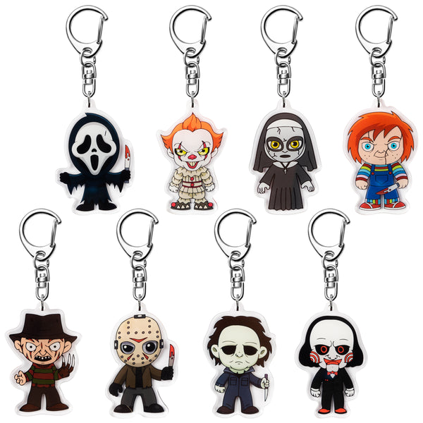 Laffact 8 Packs Horror Classic Movie Characters Acrylic Keyring Accessories for Keys Wallets Backpack Scary Movies Figure Pendant Hanging Key Chain Decorations with Metal Rotatable Link for Halloween