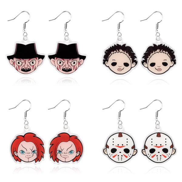 Laffact 4 Pairs of Horror Classic Movie Characters Earrings Hypoallergenic Halloween Dangle Earrings Scary Horror Movies Themed Cartoon Anime Cosplay Jewelry Collection Gifts for Women Men Movie Fans