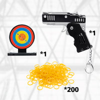 Icasy Mini Folding Rubber Band Toy Keychain - Metal Rubber Launcher Toy with Target Mark and 200pcs Yellow Rubber Bands(Black), Fun Target Shooting Training Game for Indoor/Outdoor Activities