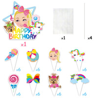 Icasy 49 Pcs Jojo Cupcake Toppers Cake Toppers HAPPY BIRTHDAY Big Toppers Microphone Lollipop Donut Rainbow Bow Unicorn Puppy Jojo Cupcake Toppers Double-Sided Jojo Birthday Cake Decor for Girls