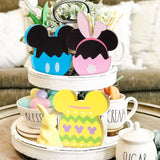 Laffact 3Pcs Easter Cartoon Mouse Tiered Tray Sign Pink Blue Easter Egg Shaped Freestanding Centerpieces Farmhouse Rustic Wooden Table Decoration for Spring Happy Easter Party Home Decor Photo Props