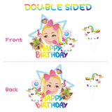 Icasy 49 Pcs Jojo Cupcake Toppers Cake Toppers HAPPY BIRTHDAY Big Toppers Microphone Lollipop Donut Rainbow Bow Unicorn Puppy Jojo Cupcake Toppers Double-Sided Jojo Birthday Cake Decor for Girls